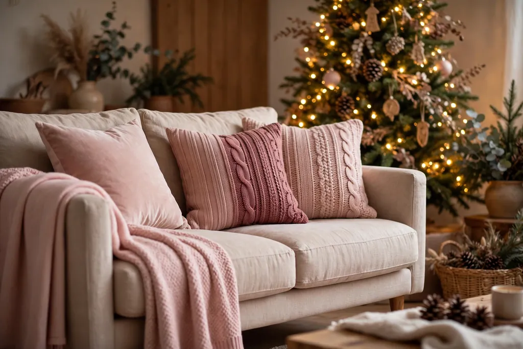 Sofa with blush and rose throw pillows and a soft pink blanket.