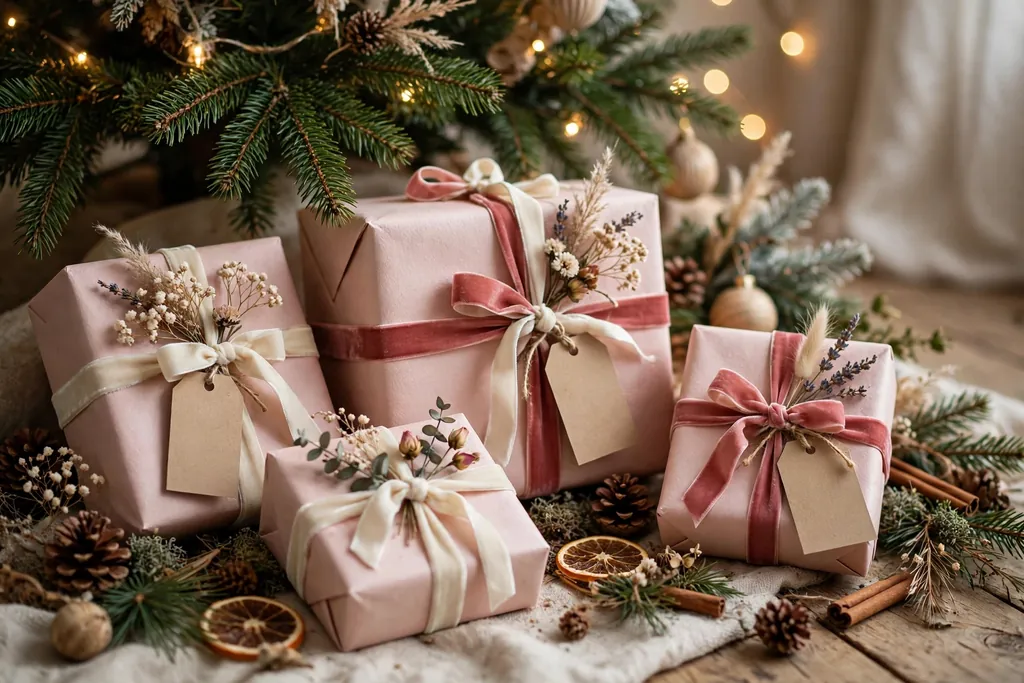 Gifts wrapped in blush paper with velvet ribbon and dried blooms under a tree.