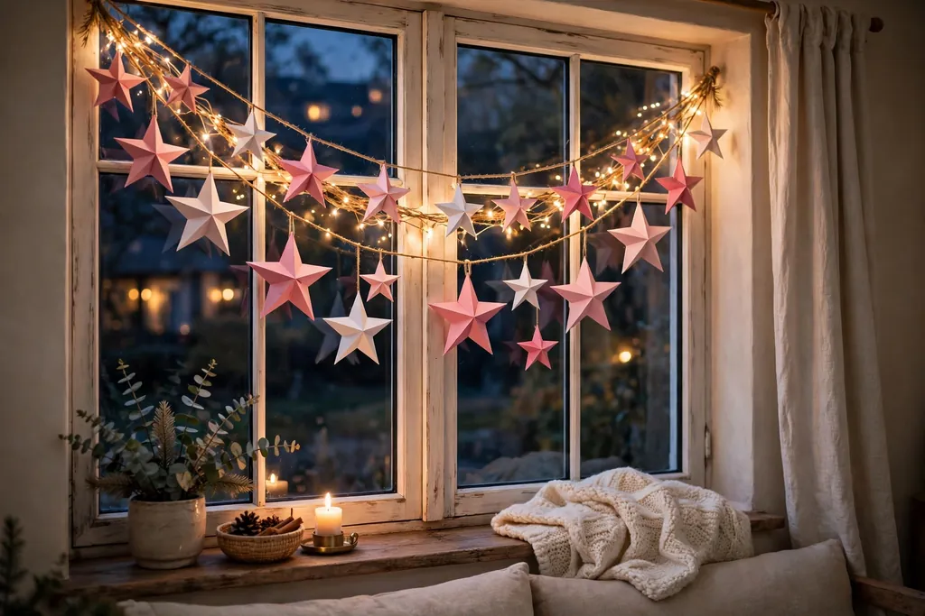 Window hung with a garland of pink paper stars and warm white fairy lights.