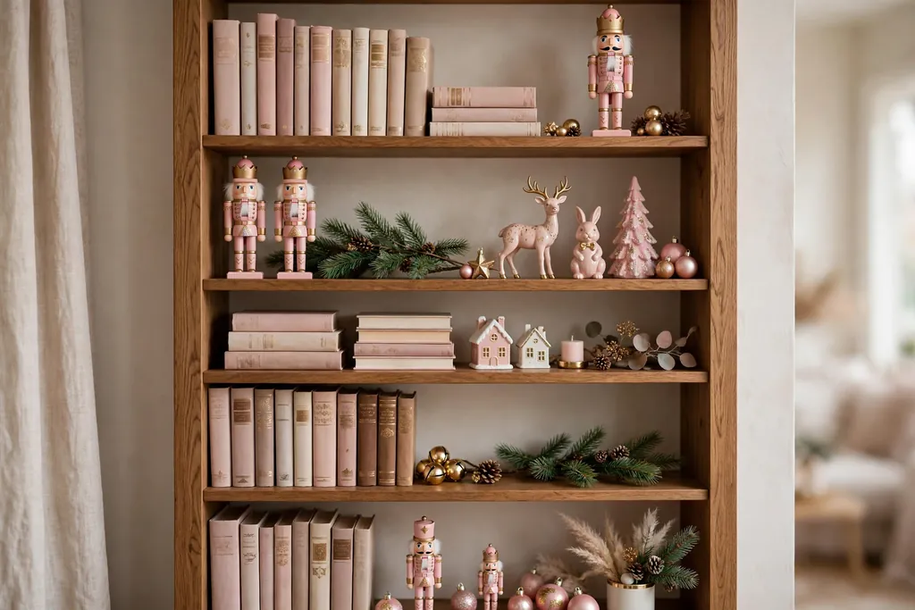 Bookshelf grouped with pink nutcrackers and small holiday figurines.