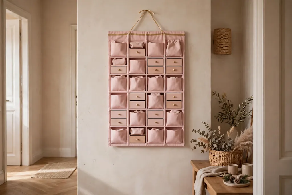 Hallway wall hung with a pink advent calendar with small pockets.