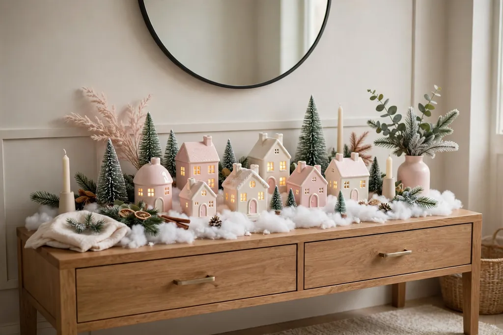 Console with a pastel pink ceramic village with glowing windows on cotton snow.