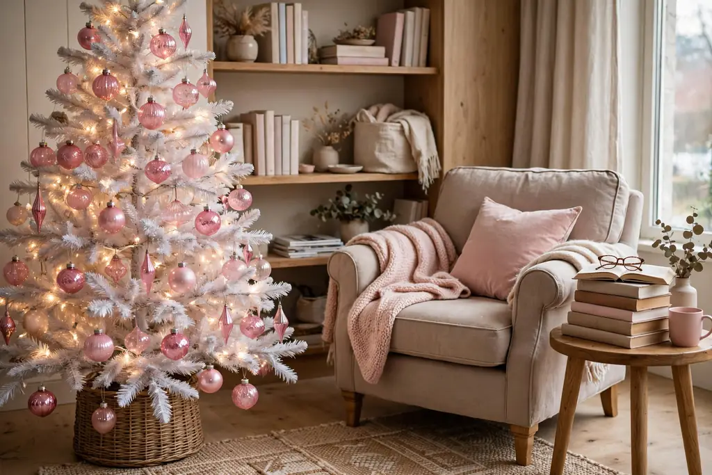 White Christmas tree in a reading corner decorated with pink glass ornaments.