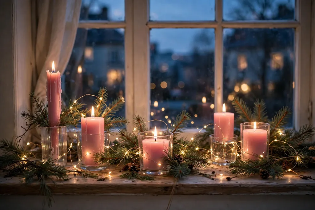 Windowsill with pink candles in glass holders, fairy lights, and pine sprigs.