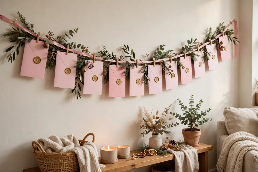 Wall hung with a garland of pink Christmas cards clipped to pink ribbon.