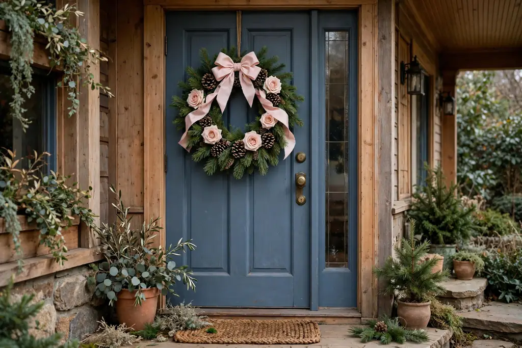 Pine wreath on a front door with blush roses and a pale pink ribbon.