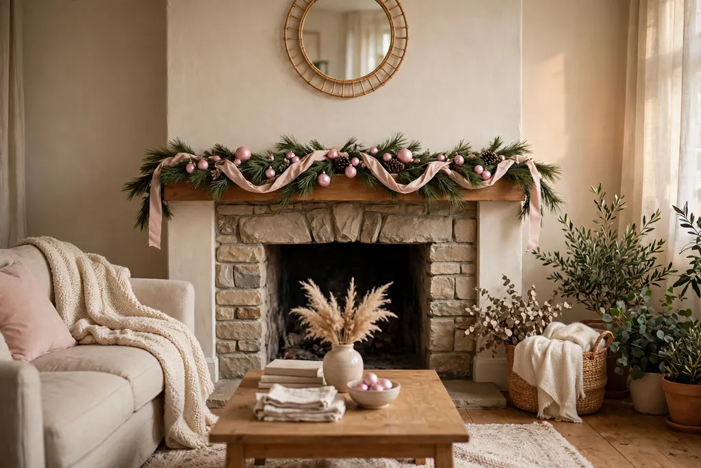 Mantel with pink taper candles in gold holders and a pine garland with blush ribbon.