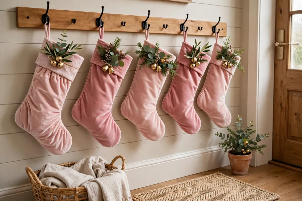 Wall rail in an entry hung with pink velvet stockings and greenery sprigs.
