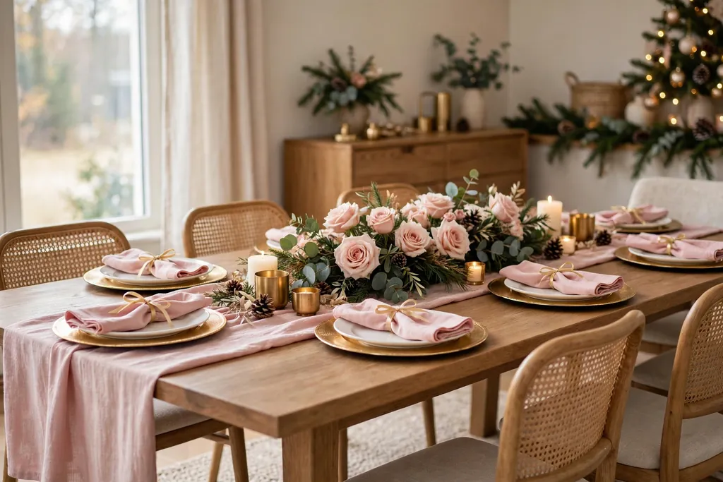 Dining table set with a blush runner, gold chargers, pink napkins, and blush roses.