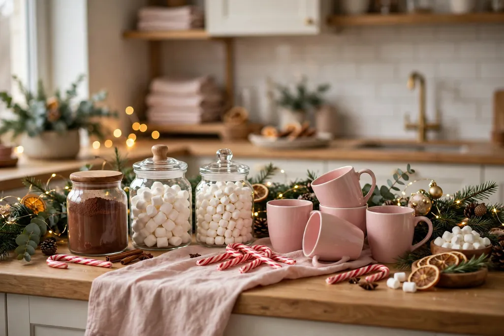 Kitchen cocoa station with pink mugs, cocoa jars, marshmallows, and candy canes.