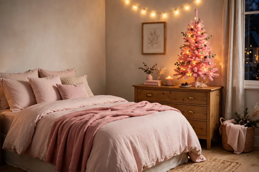 Bedroom with blush bedding, a rose throw, and a small pink tree on a dresser.