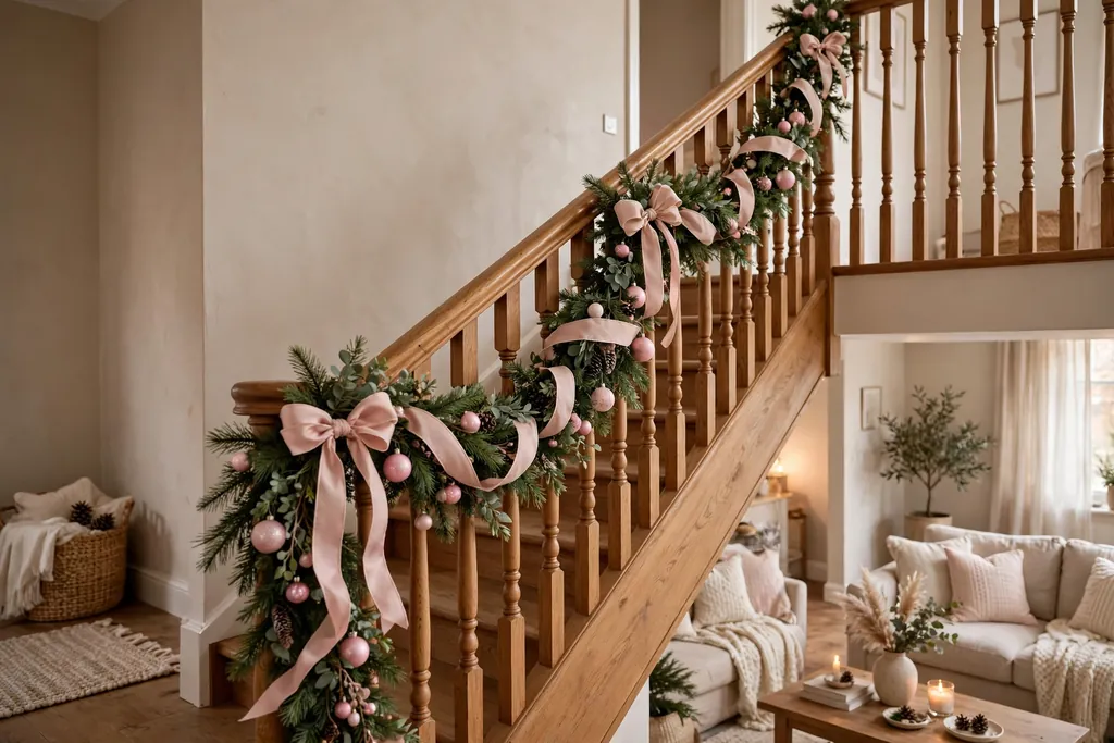 Staircase banister with pine garland, blush ribbon loops, and small pink ornaments.