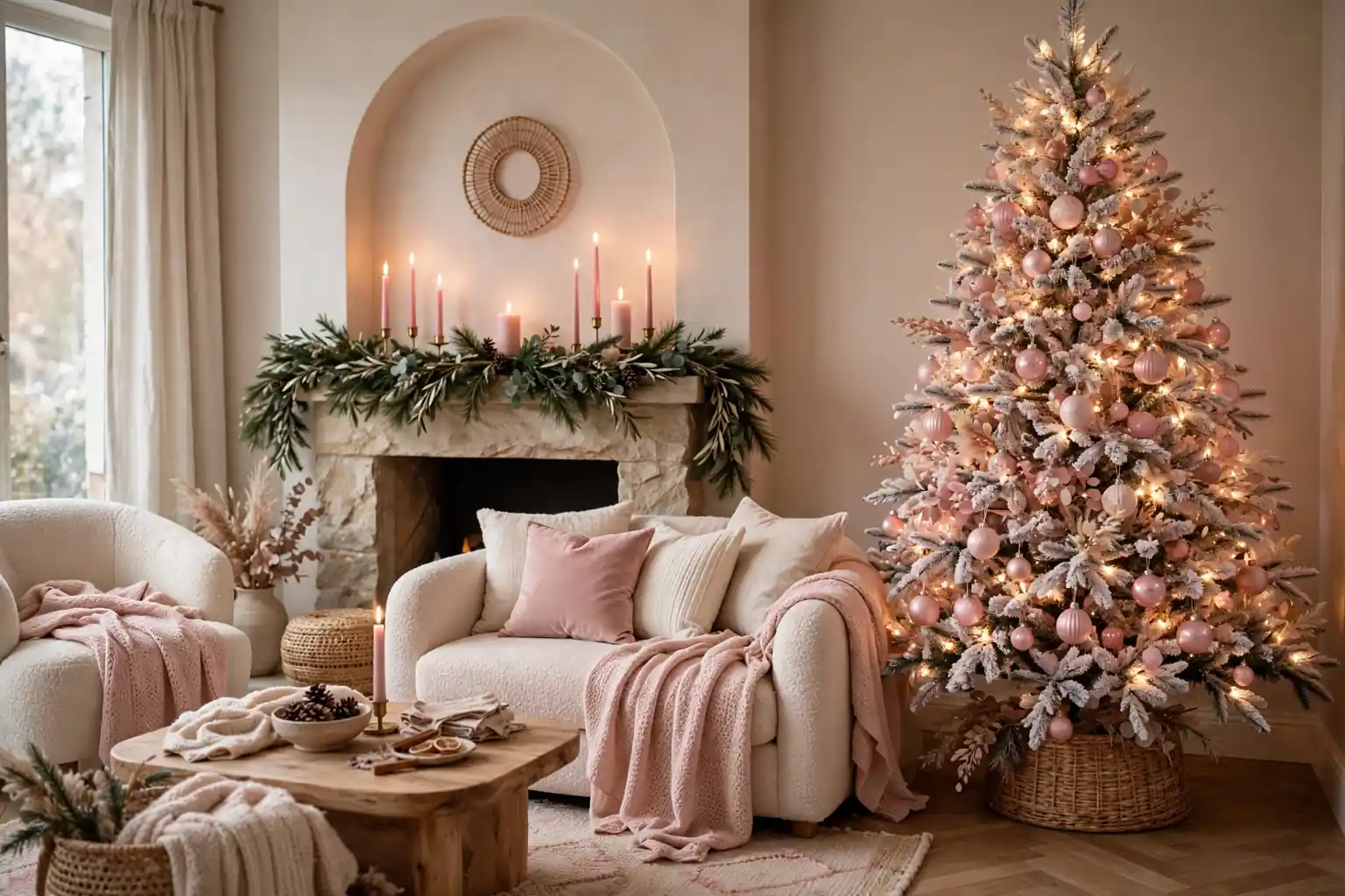 Warm living room decorated for Christmas with a blush flocked tree, pink ornaments, and a mantel with pink candles.