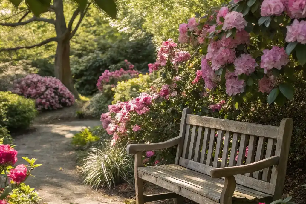Wooden garden bench in front of pink flowering shrubs