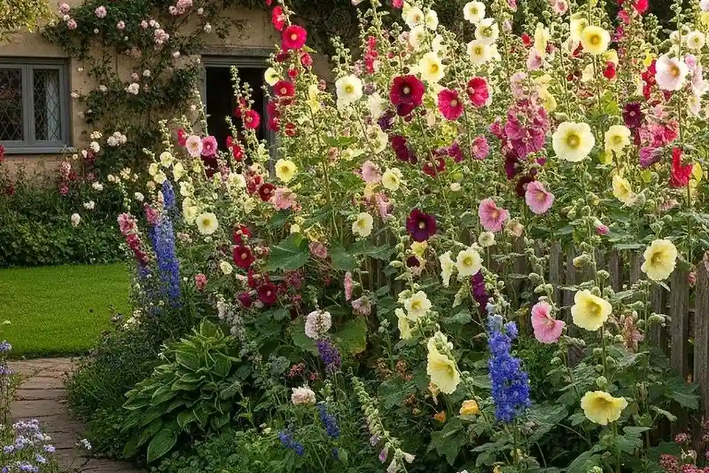 Tall hollyhocks and foxgloves in a cottage garden border