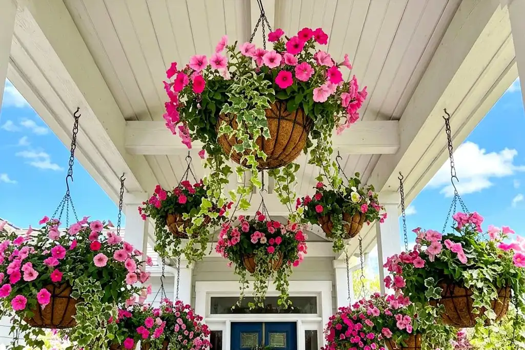 Hanging baskets of pink flowers under a porch roof