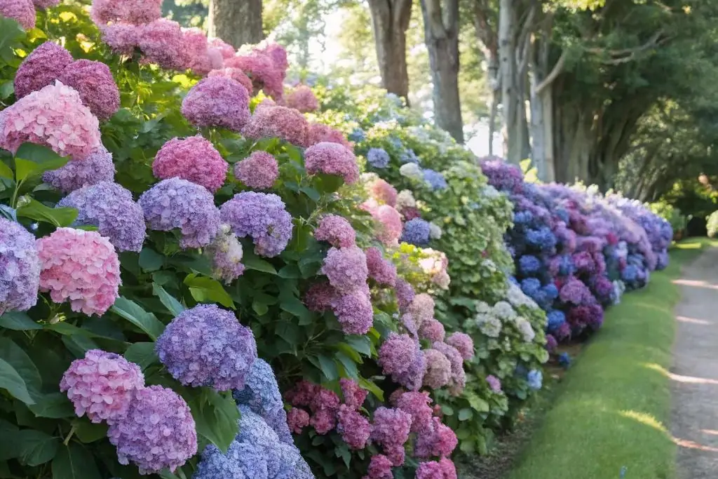 Hydrangea hedge with pink, lilac and blue flower heads along a garden path