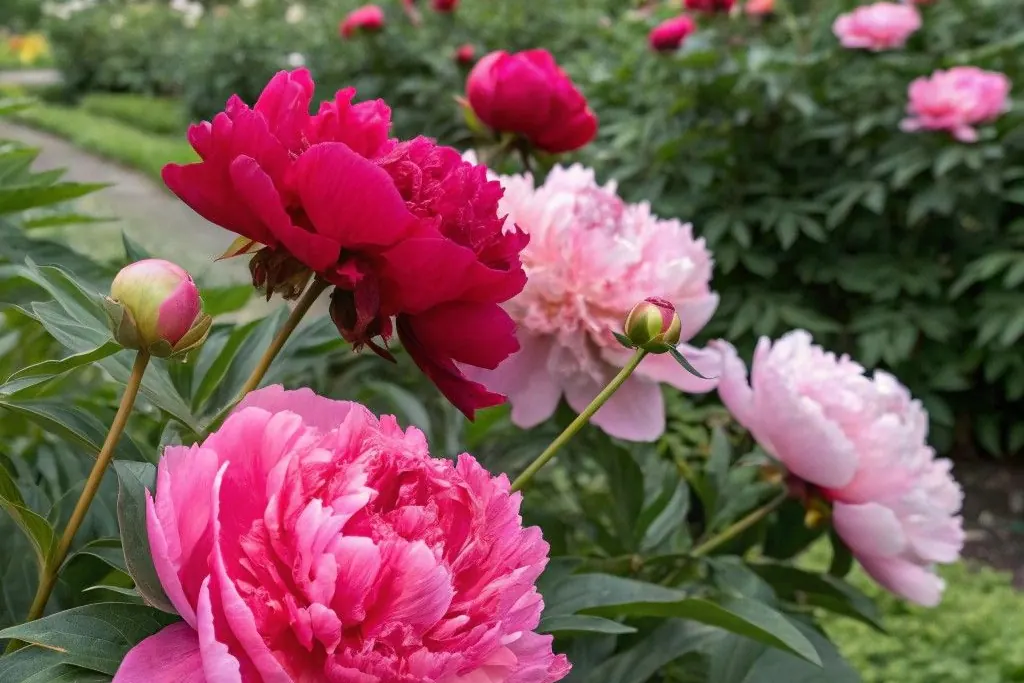 Pink peonies in full bloom in a garden border