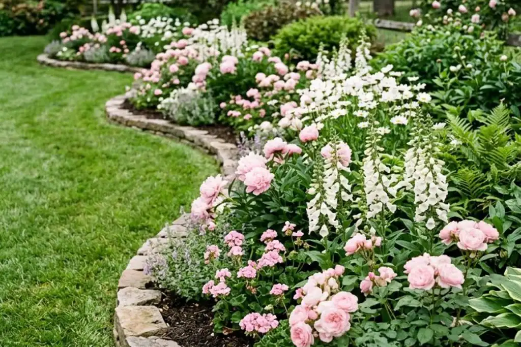 Curved flower bed of pink and white blooms edging a green lawn
