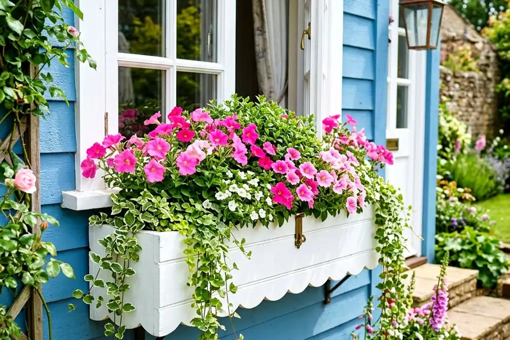 White window box filled with pink flowers and trailing greenery on a house wall