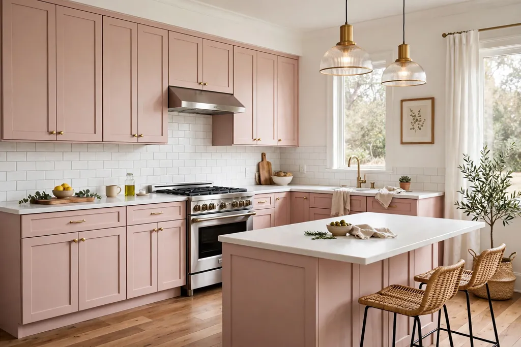 Kitchen with soft blush pink shaker cabinets, white counters and a wood floor.