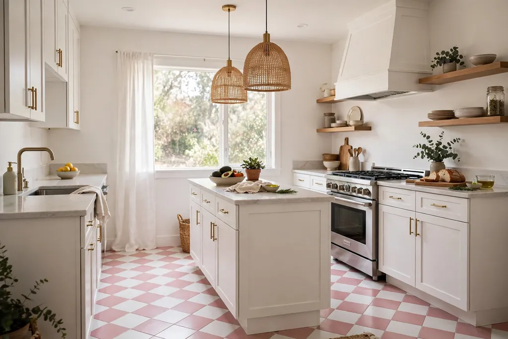 Kitchen with a pink and white checkerboard floor and white cabinets.