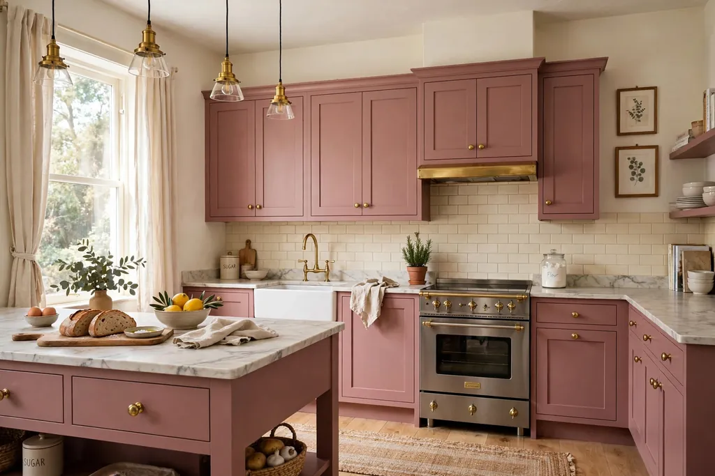 Dusty rose kitchen cabinets with brass knobs and cream walls.