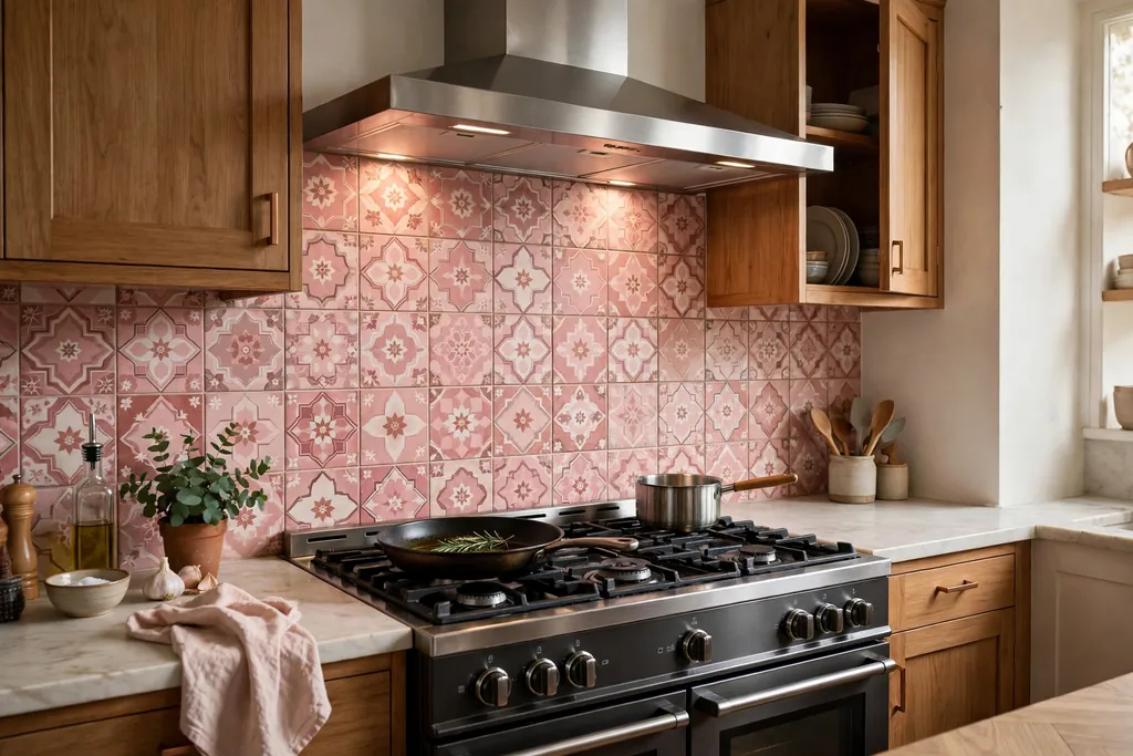 Patterned pink tile backsplash behind a kitchen cooker.