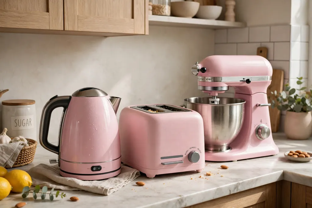 Pink kettle, toaster and stand mixer grouped on a kitchen counter.