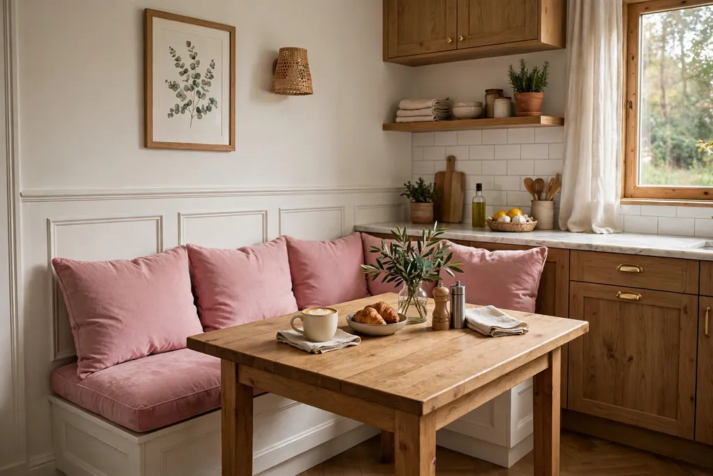 Kitchen corner banquette with pink cushions and a wood table.