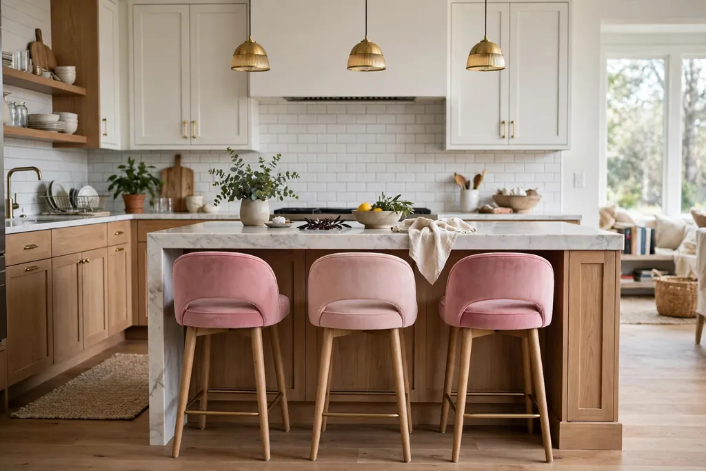 Pink bar stools tucked under a kitchen island.