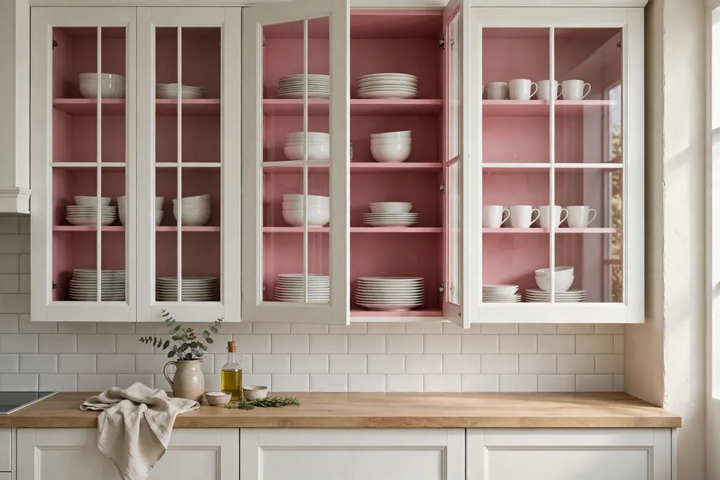 Glass front kitchen cabinets with pink painted interiors and white dishes.