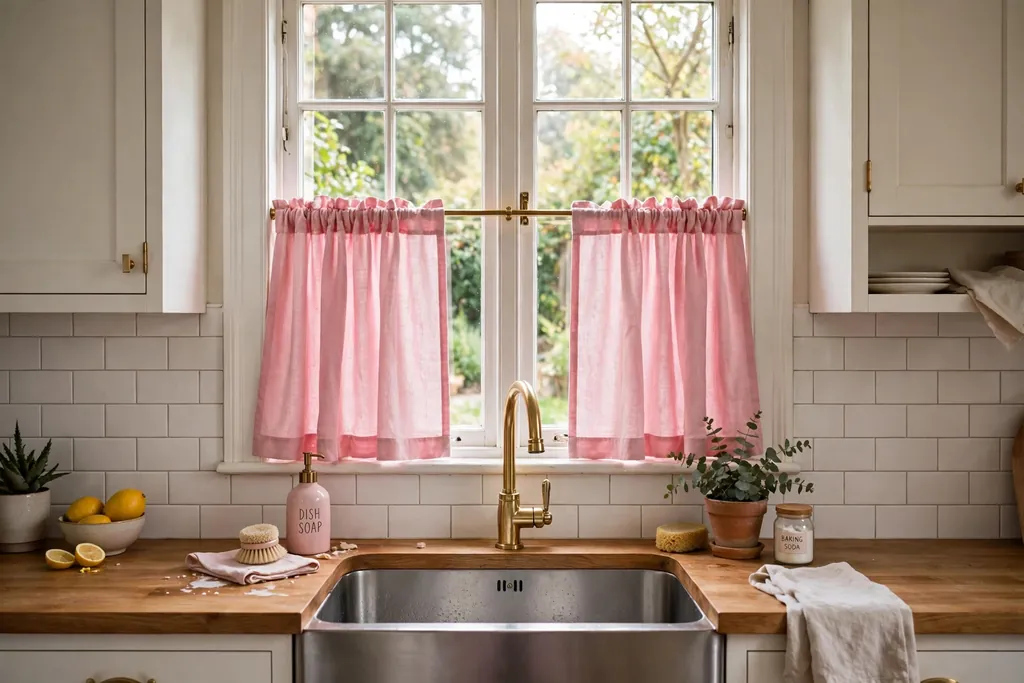 Kitchen window with pink cafe curtains over the sink.