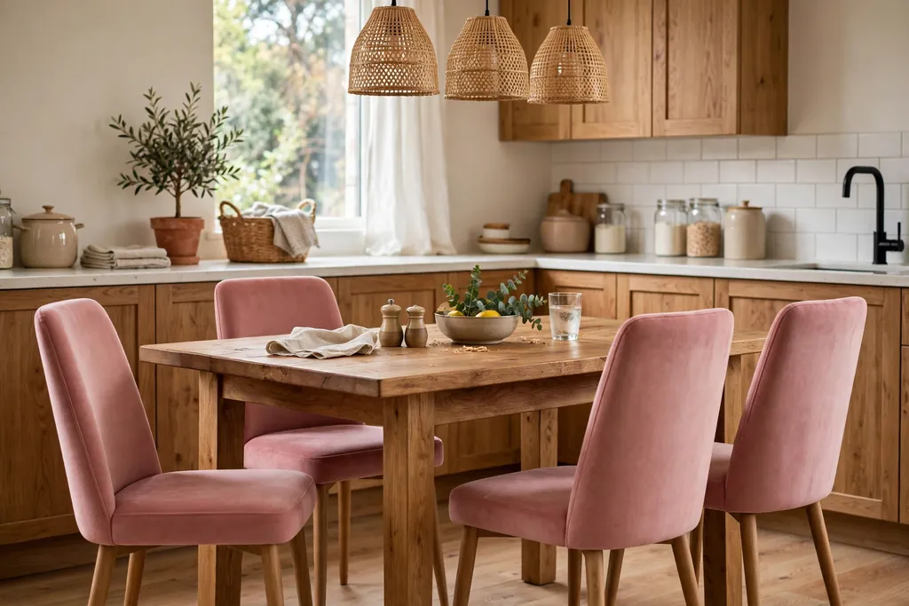 Pink dining chairs around a wood kitchen table.