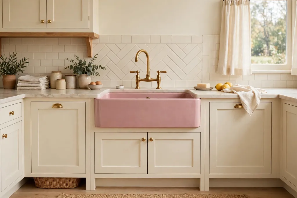 Pink farmhouse sink with a brass tap in a cream kitchen.