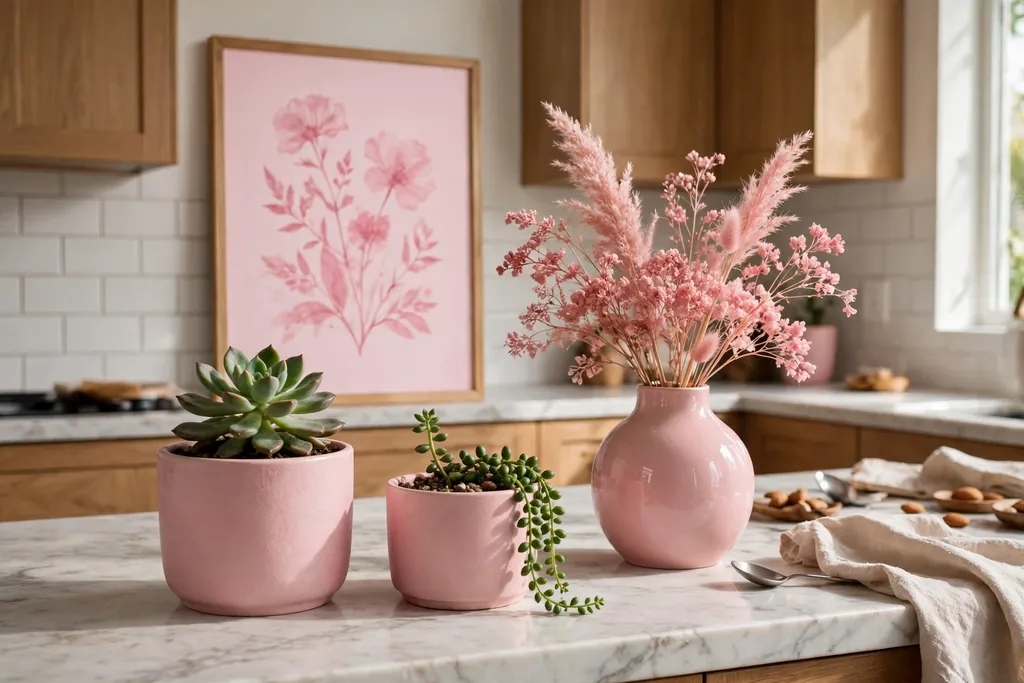 Kitchen counter with pink plant pots, a framed pink print and a pink vase.