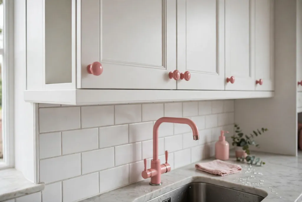 White kitchen cabinets with pink knobs and a pink tap.
