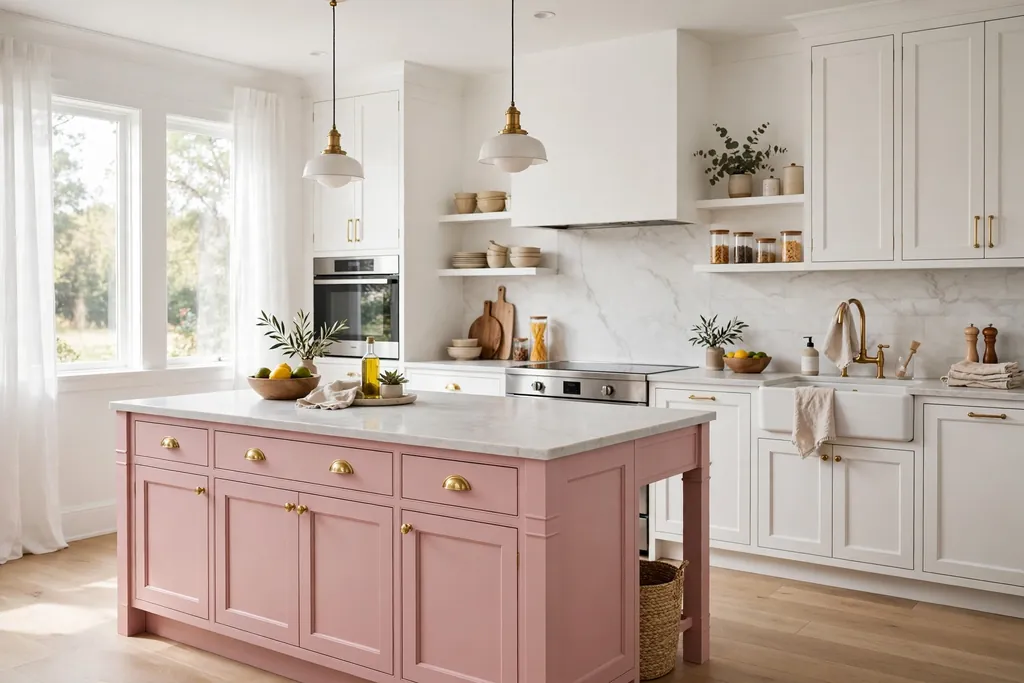 Pink kitchen island with a pale counter in a white kitchen.