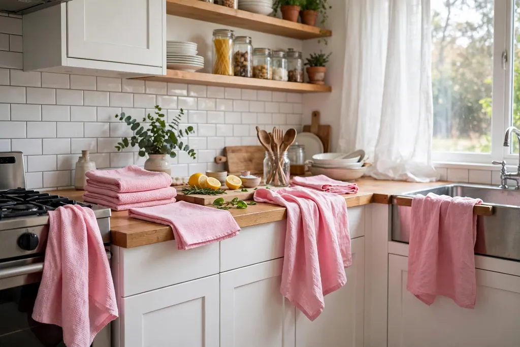 Pink tea towels and cloth napkins in a bright kitchen.