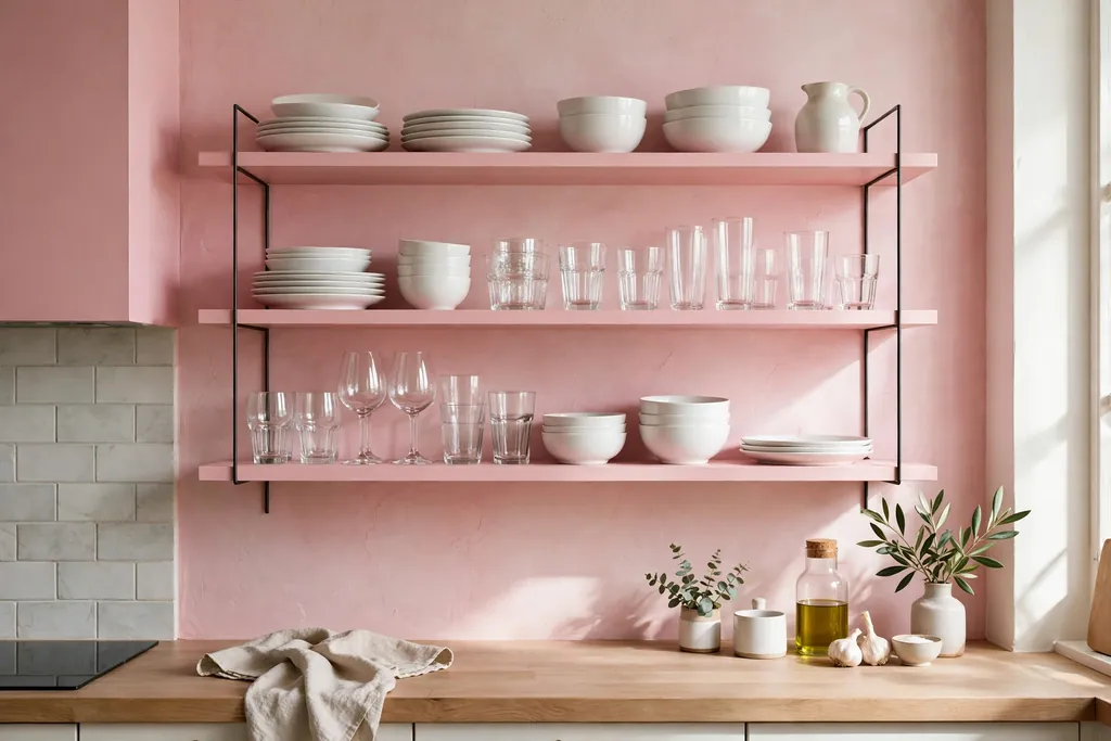 Pink open kitchen shelves holding white dishes and clear glasses.