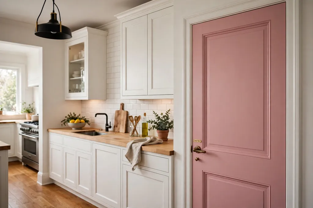 Pink pantry door in a kitchen with white cabinets.