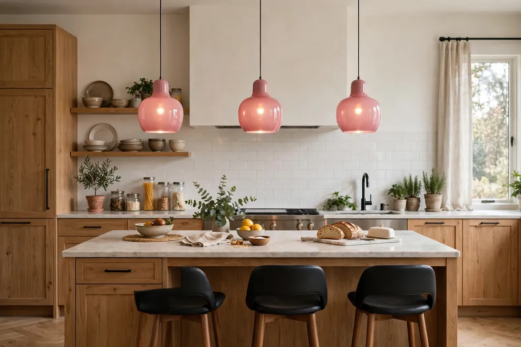 Pink pendant lights hanging over a kitchen island.