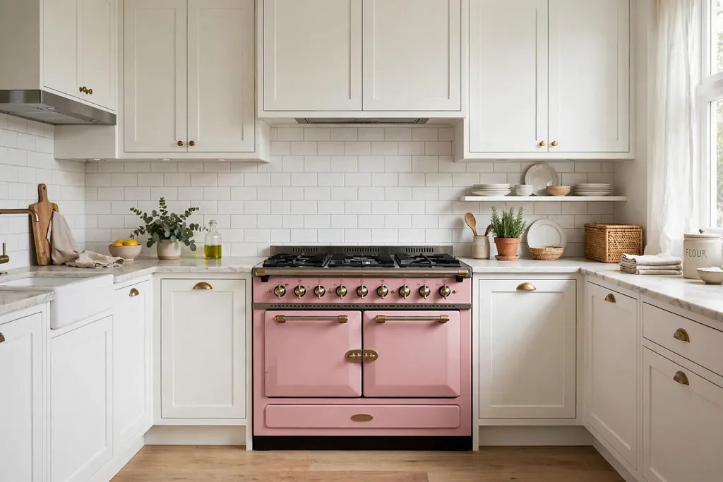 Pink range cooker in a kitchen with white cabinets.