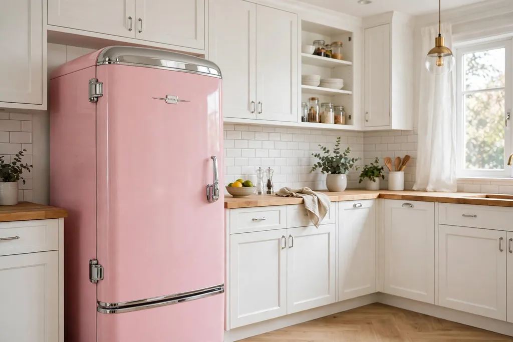 Pink retro fridge with chrome details in a white kitchen.