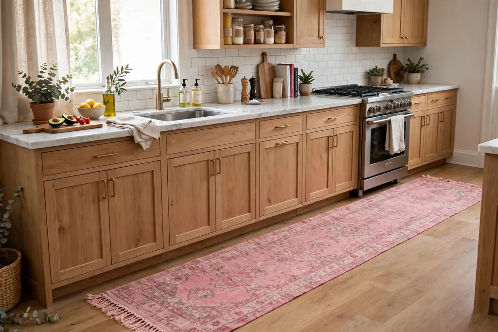 Pink rug runner along a kitchen counter.