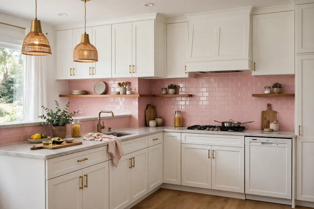 Kitchen with a pink subway tile backsplash and white cabinets.