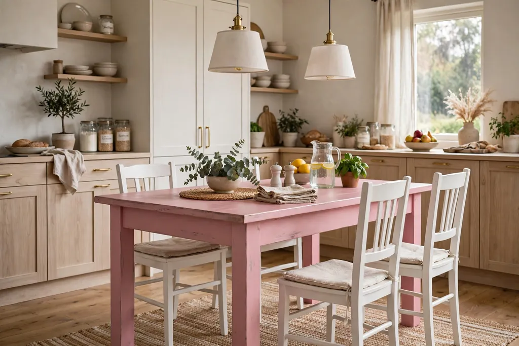 Pink painted kitchen table with white chairs.