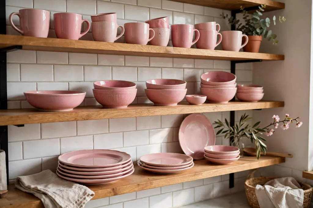 Pink plates, bowls and mugs displayed on kitchen shelves.