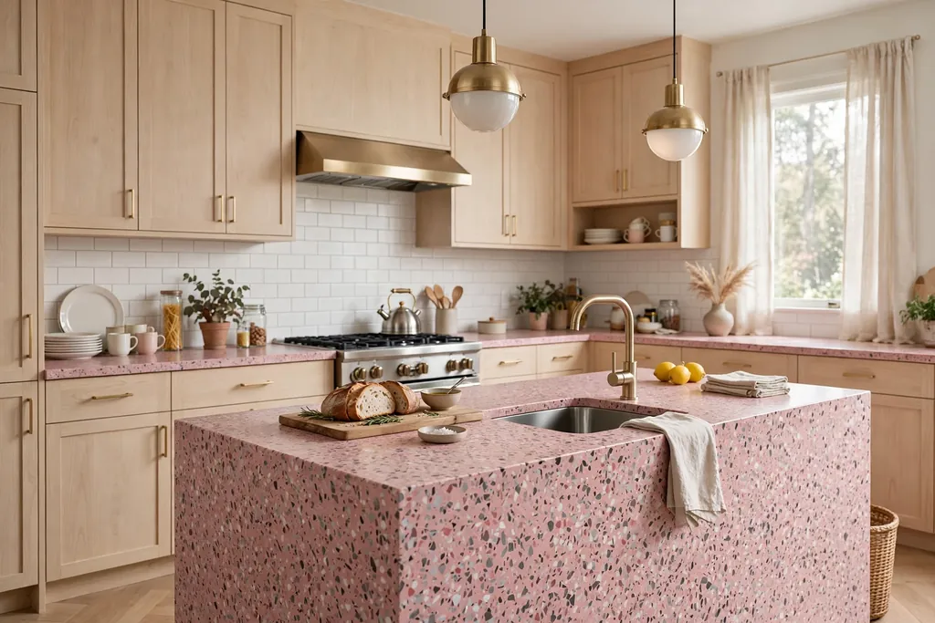 Kitchen with a pink speckled terrazzo counter and pale wood cabinets.