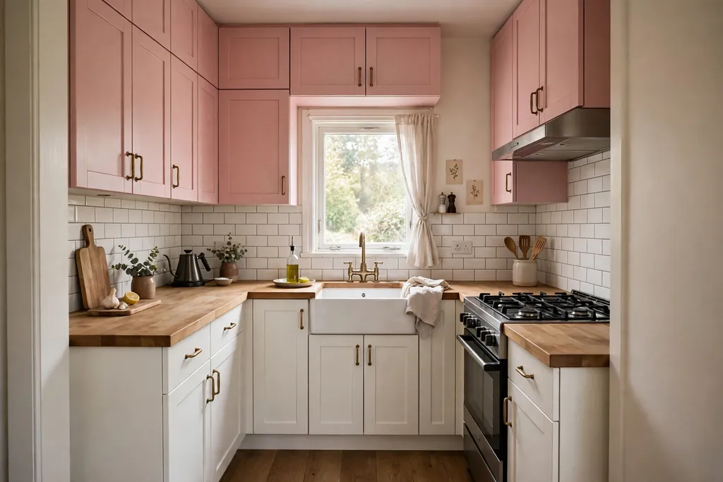Small kitchen with pink upper cabinets and white lower cabinets.